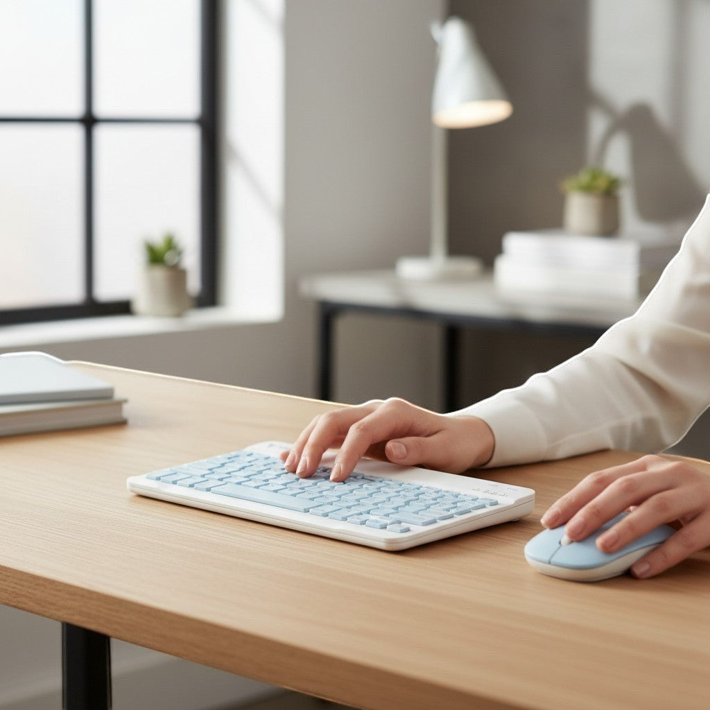Digitaley.co pastel blue wireless keyboard and mouse set with ergonomic design on a wooden desk.