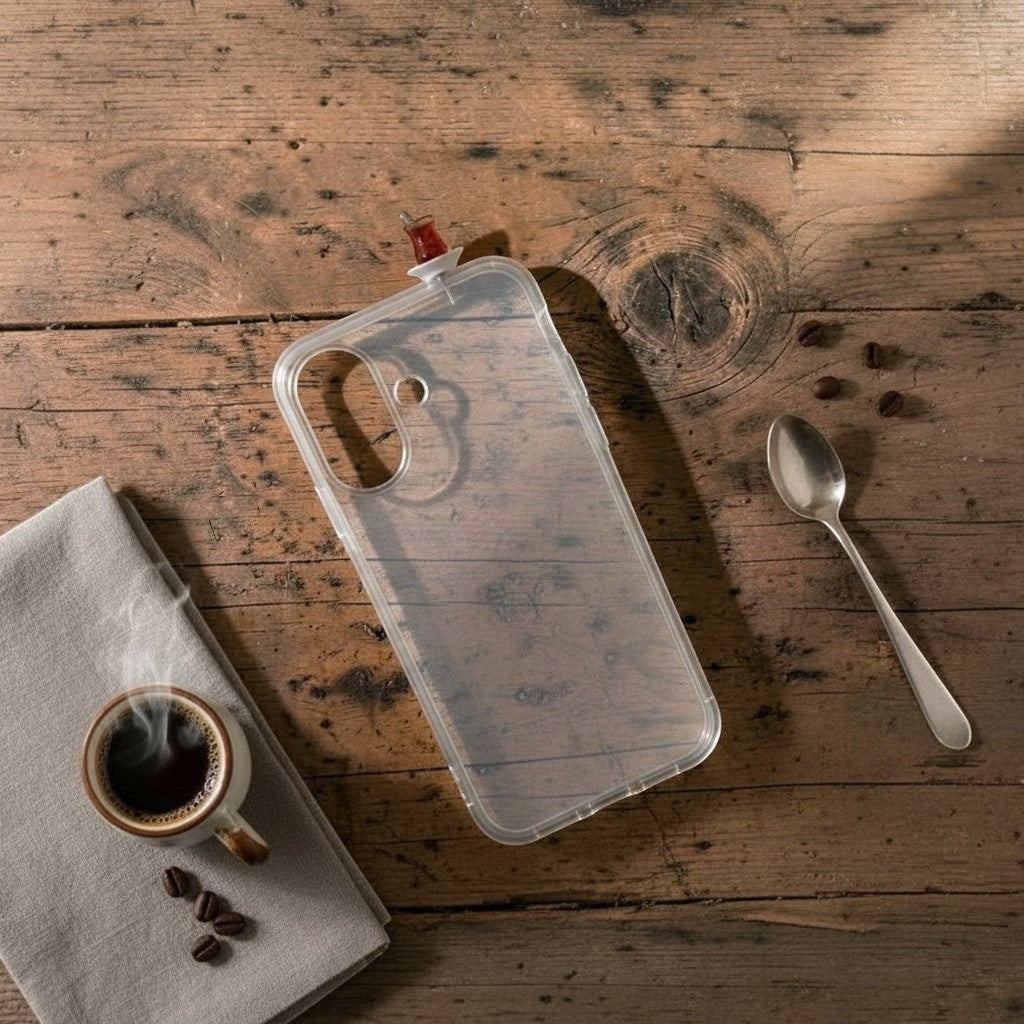 digitaley.co clear silicone iPhone case with a red tea glass motif, premium protective cover