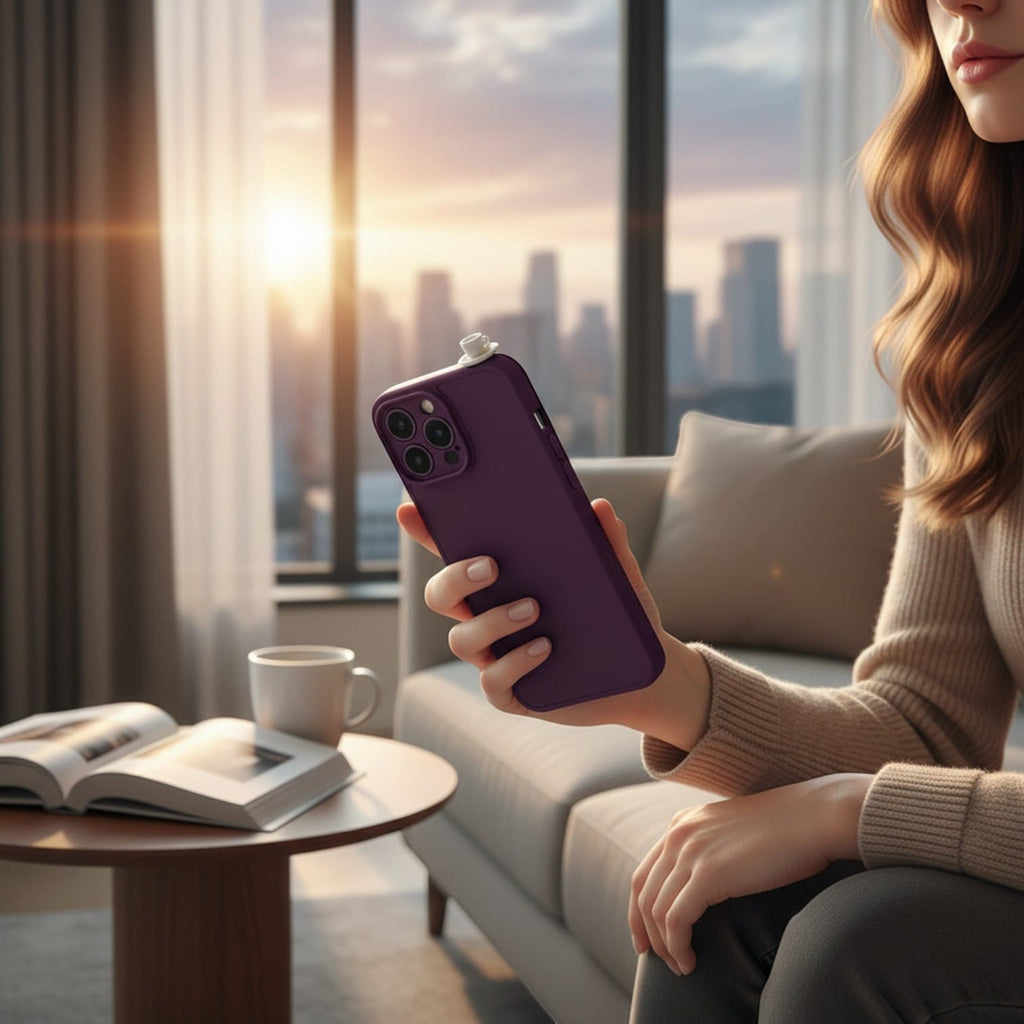digitaley.co purple phone case with 3D miniature Turkish coffee cup and saucer accessory.