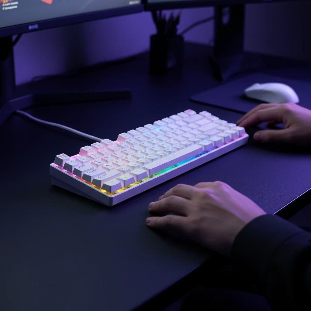 digitaley.co white compact 60% mechanical keyboard with vibrant RGB backlighting, ideal for gaming.