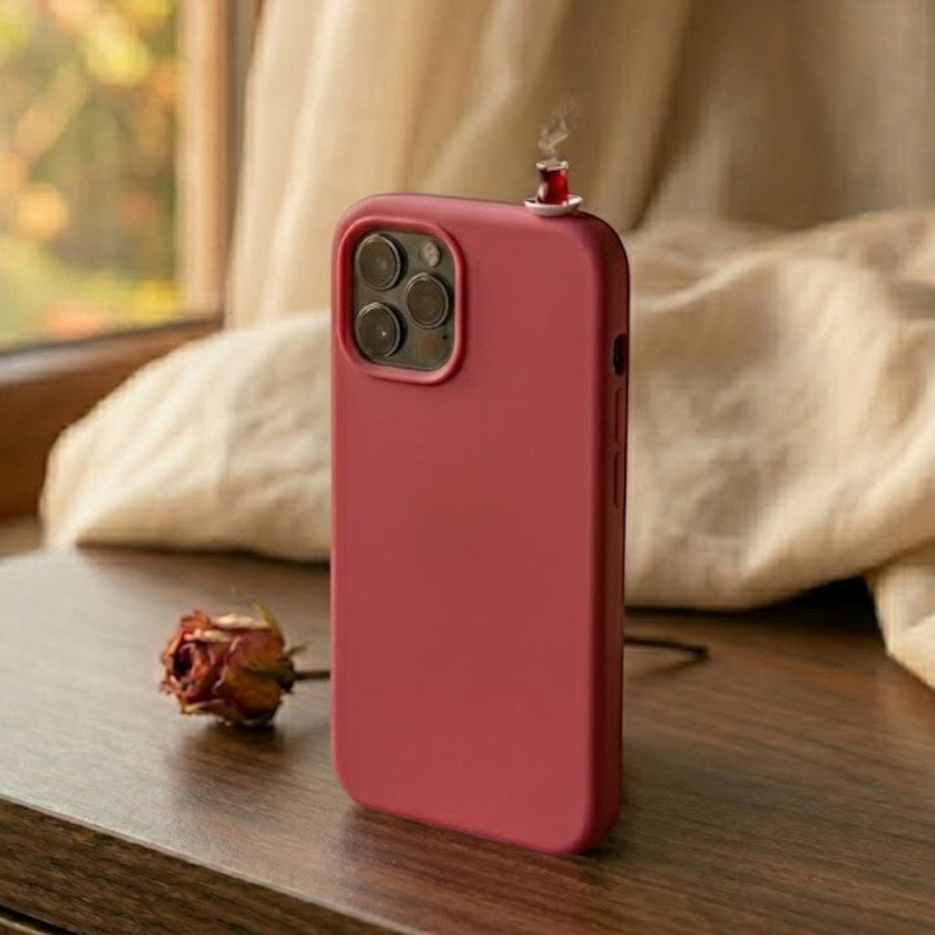 digitaley.co pink silicone iPhone case with a miniature tea glass motif on top, featuring a slim-waist design.