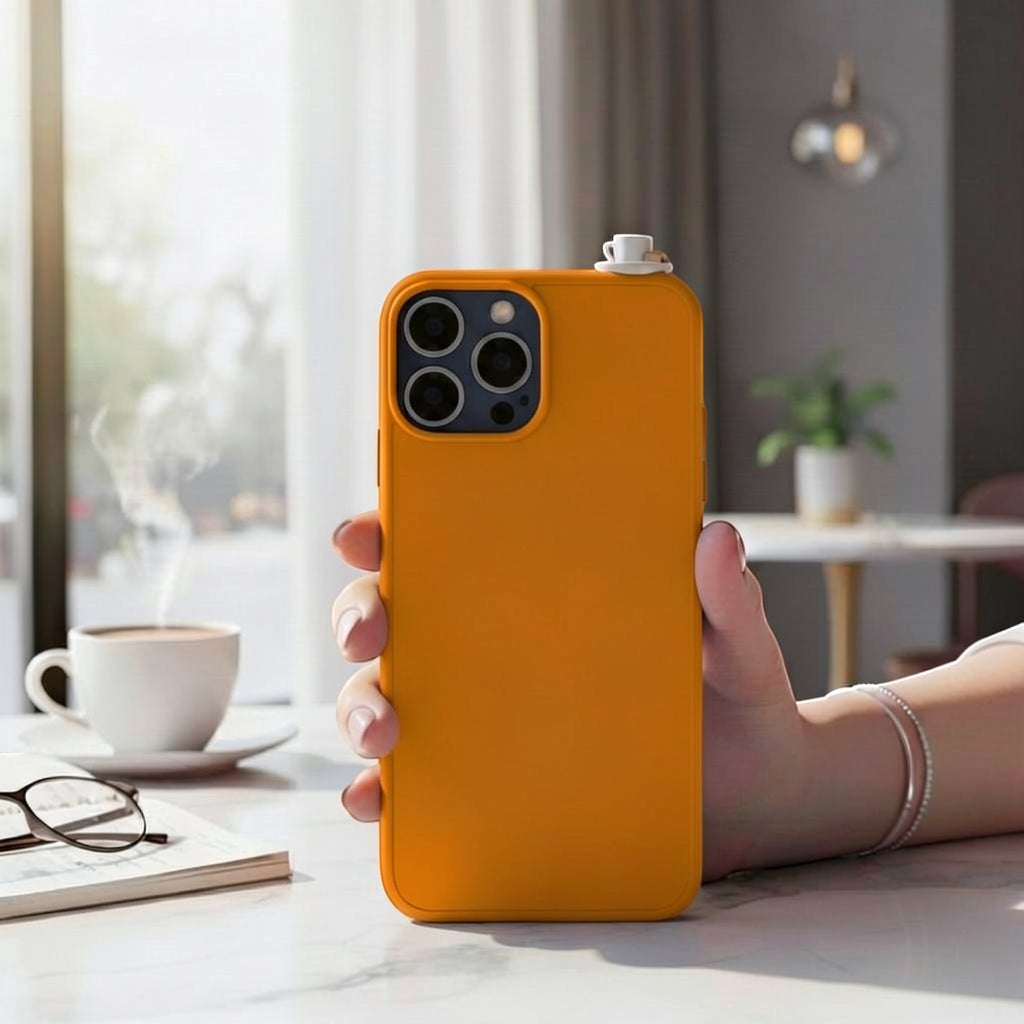 digitaley.co orange phone case with miniature Turkish coffee cup and saucer accessory