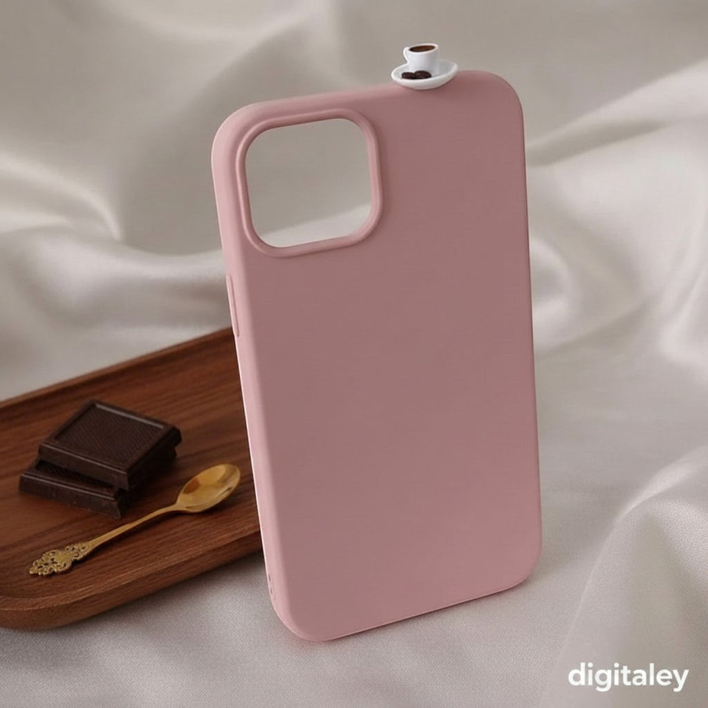 Pink 3D phone case with miniature Turkish coffee cup and saucer on top. Handmade artisan accessory.