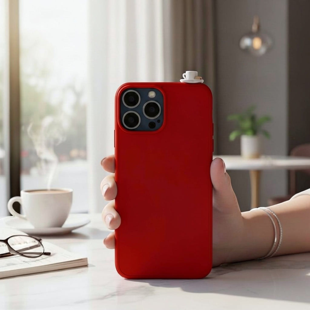 Red 3D phone case with miniature Turkish coffee cup and delight accessory, handmade artisan design.