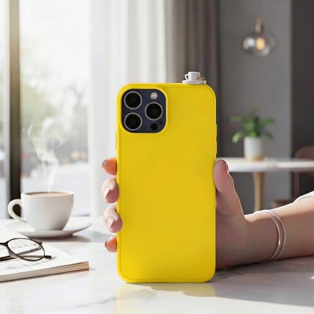 Yellow 3D miniature Turkish coffee cup phone case with Turkish delight detail, handmade artisan accessory for all phone models.